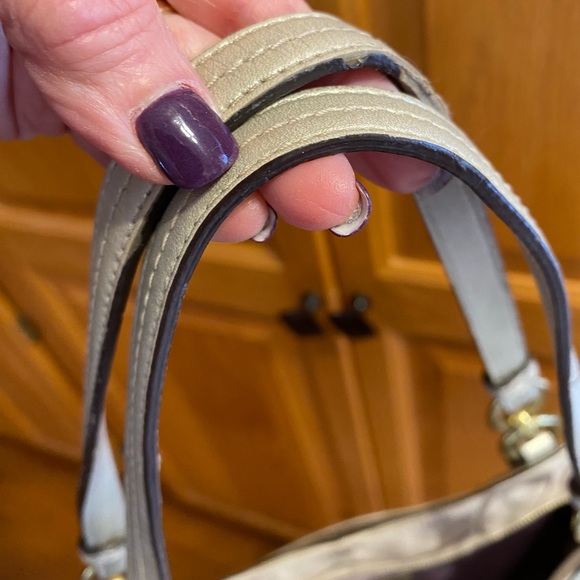 Gold Coach signature jacquard handbag purse with leather trim and double straps. - Picture 2 of 9